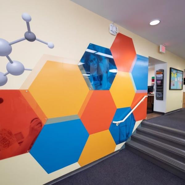 Colorful hexagons decorate a wall in Study Lab